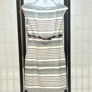 Calvin Klein Sleeveless High Waist Pleated Stripe Belted Sheath Dress Grey White